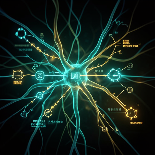 Abstract visualization of on-chain AI inference, cryptographic proof flowing through neural pathways, blockchain nodes verifying data