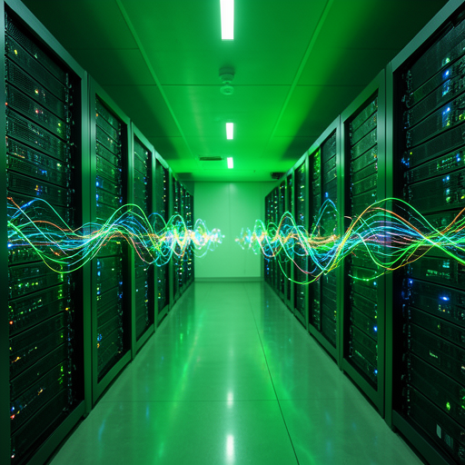 Distributed compute nodes in a modern data center with green ambient lighting, server racks with flowing data streams