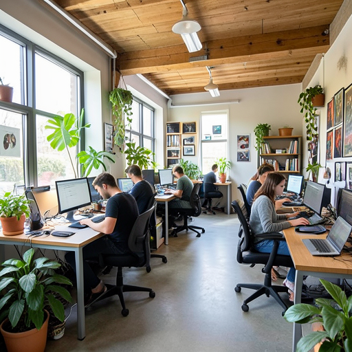 A vibrant hacker house workspace with developers coding, creative technology space, natural light