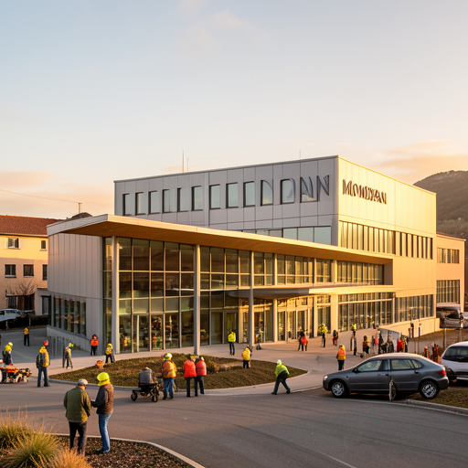 Mondragon cooperative headquarters in the Basque Country, modern industrial campus, warm sunlight, architectural photography