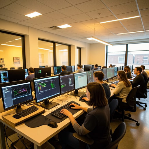 A modern school computer lab with compute nodes running AI training, students collaborating, warm lighting