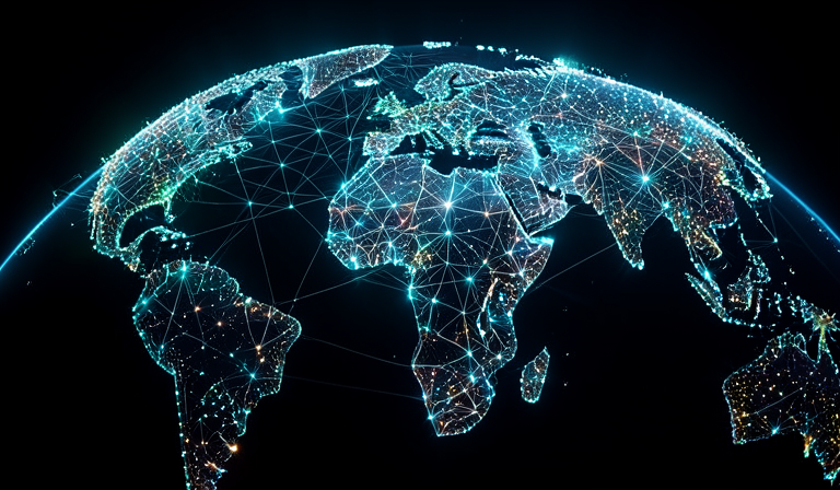 A vast network of glowing interconnected nodes spanning a globe, cooperative infrastructure, cinematic lighting